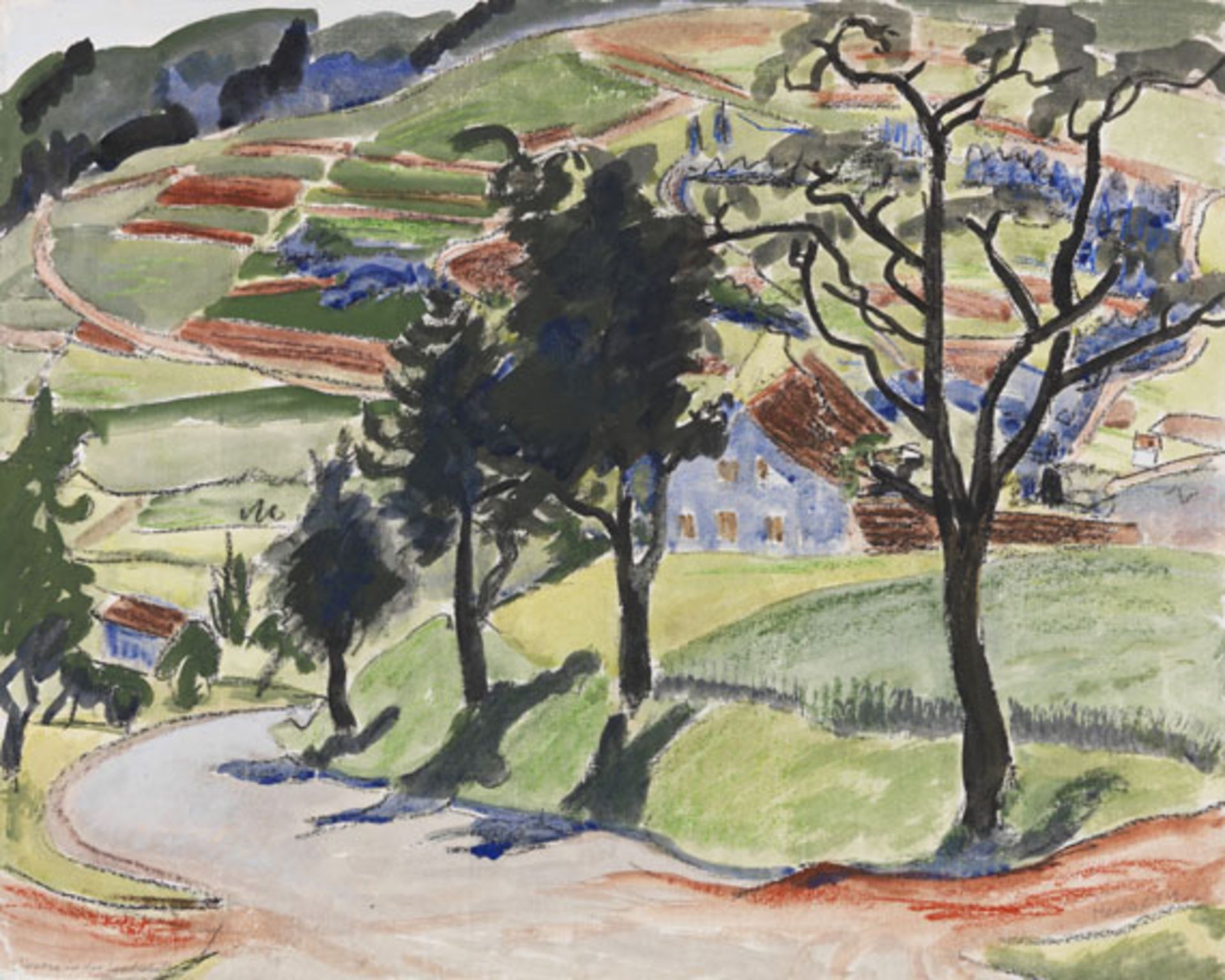 Erich Heckel 1883 Döbeln/Sachsen - 1970 Radolfzell/Bodensee Straße in der Landschaft. 1934. Aquarell