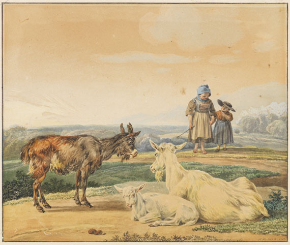 Wilhelm von Kobell 1766 Mannheim - 1855 München Zwei Mädchen mit Ziegen auf der Weide. 1795.