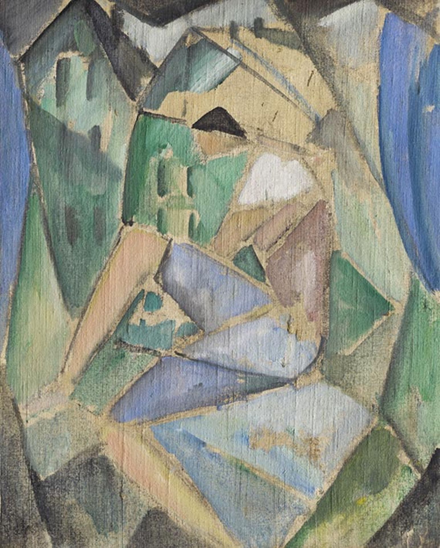 Hermann Stenner 1891 Bielefeld - 1914 Ilow (Polen) Kubistische Figur mit Häusern. 1913/14. Öl auf