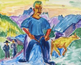 Ernst Ludwig Kirchner 1880 Aschaffenburg - 1938 Davos Kuh und Treiber. 1919. Aquarell und schwarze