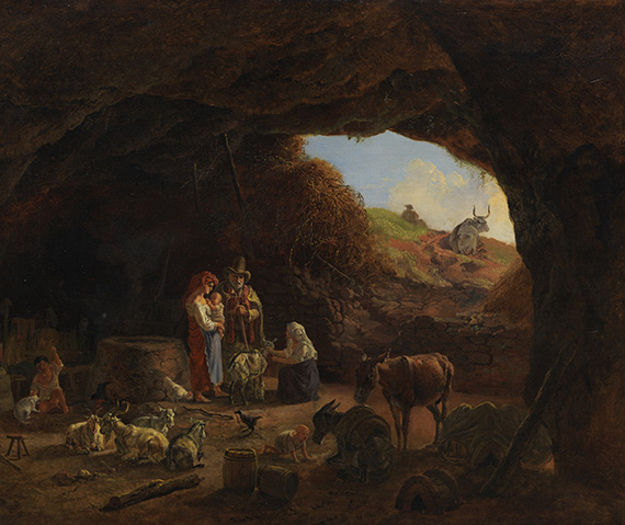 Heinrich Bürkel 1802 Pirmasens - 1869 München Italienische Hirtenfamilie in der Felsenhöhle. Um