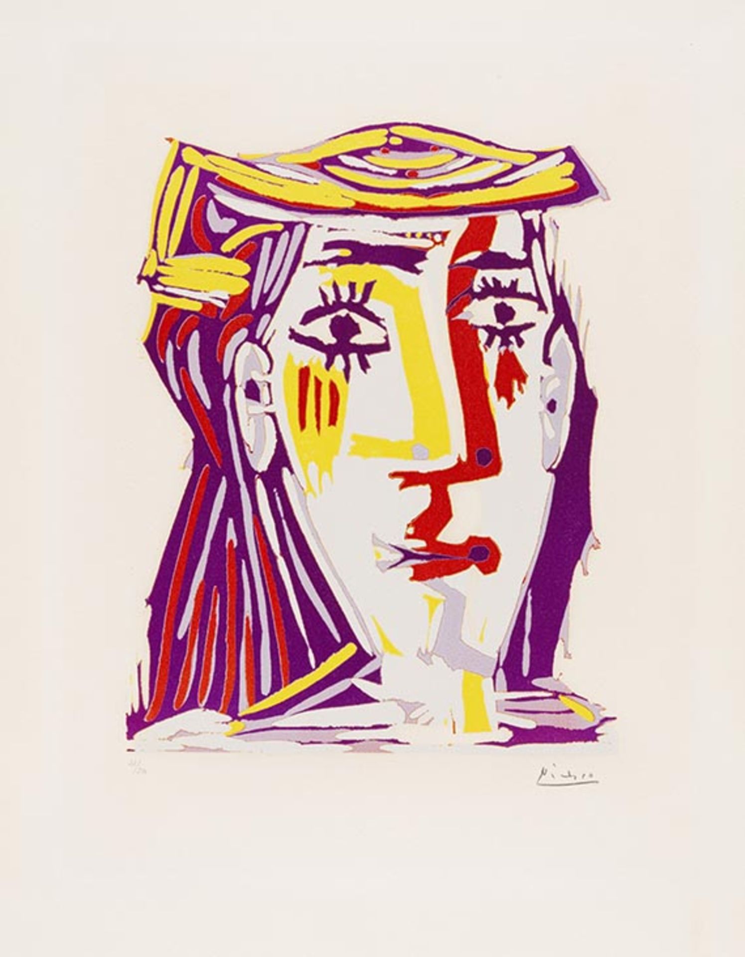 Pablo Picasso 1881 Malaga - 1973 Mougins Portrait de Jacqueline au chapeau de paille multicolore.