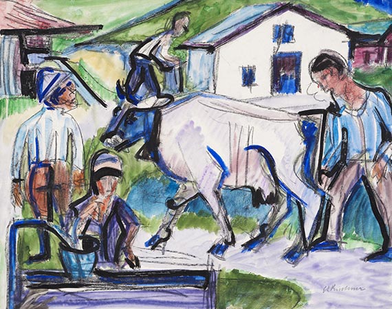 Ernst Ludwig Kirchner 1880 Aschaffenburg - 1938 Davos Bauern mit Kuh. Um 1922. Aquarell, Tuschpinsel