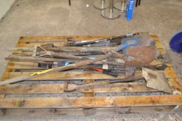 Large quantity of garden tools to include spades, forks, hoes etc