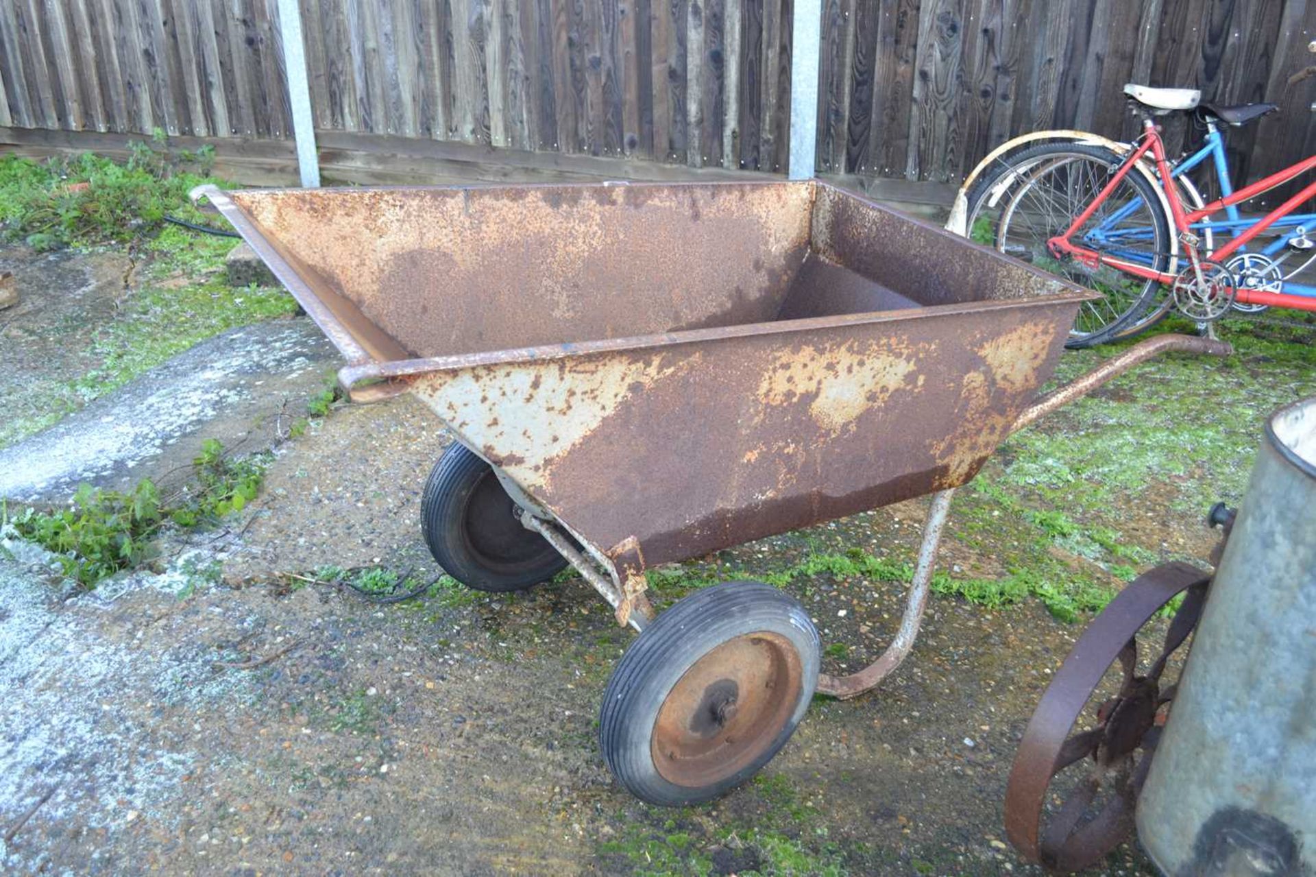 Large vintage wheelbarrow, overall height approx 84cm, overall length approx 180cm