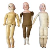 3 continental bisque head dolls without hair: - Heubach Koppelsdorf on cloth body. Marked to back of
