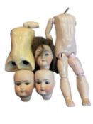 Various doll body parts for restringing, to include 3 bisque heads: Catterfelder Puppenfabrick,