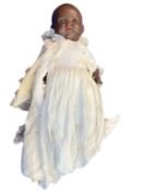 Armand Marseille bisque head doll in cream christening gown. Open mouthed. Marked to back of head