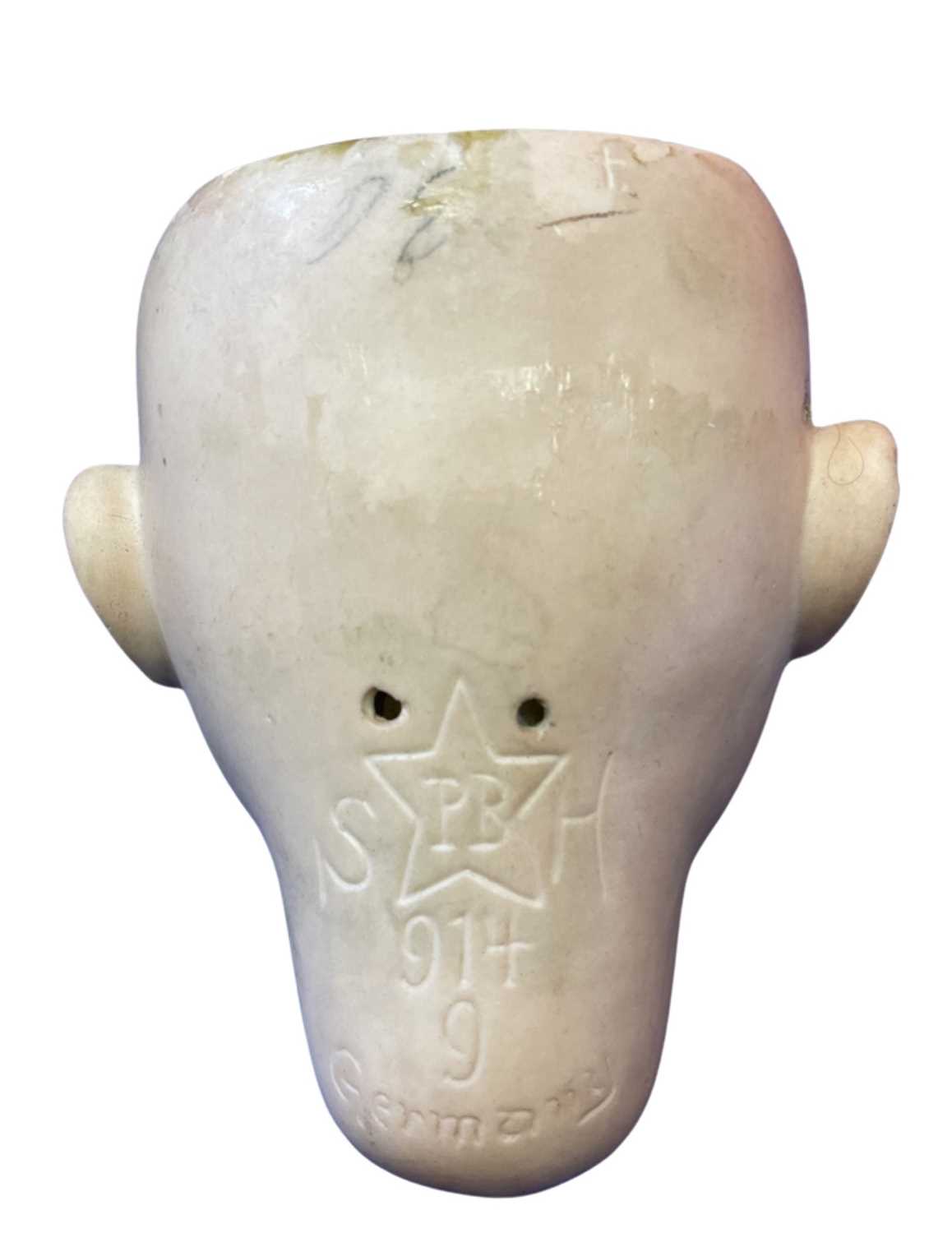 A Schoenau and Hoffmeister PB bisque head doll, for restringing and lacking hair. Marked 914 9 - Image 2 of 2