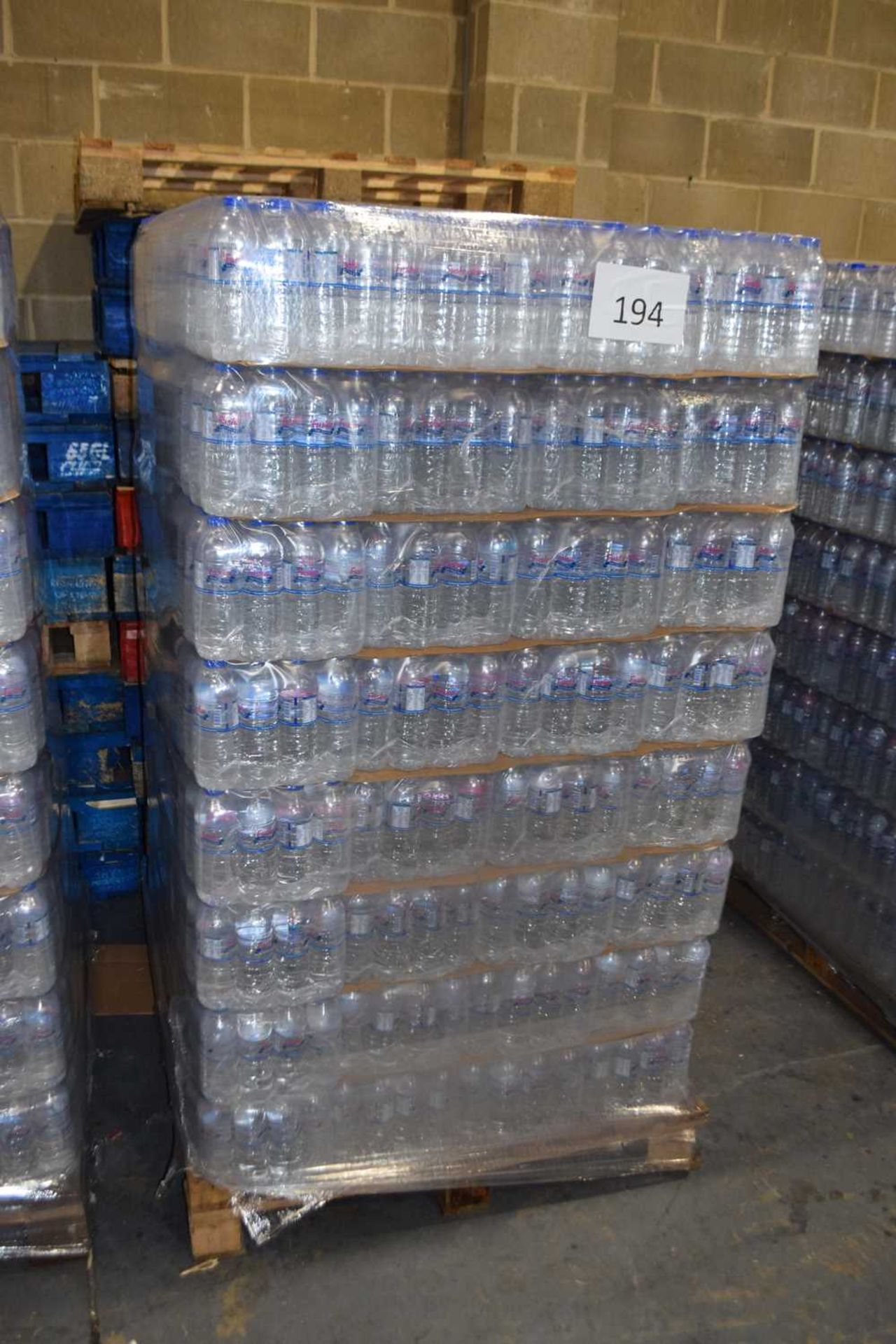 One pallet of bottled water containing approx 2300 500ml bottles with an expiry date of 26.10.23