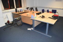 Mixed lot to include office and kitchen equipment, 3 desks, office chairs, meeting chairs,