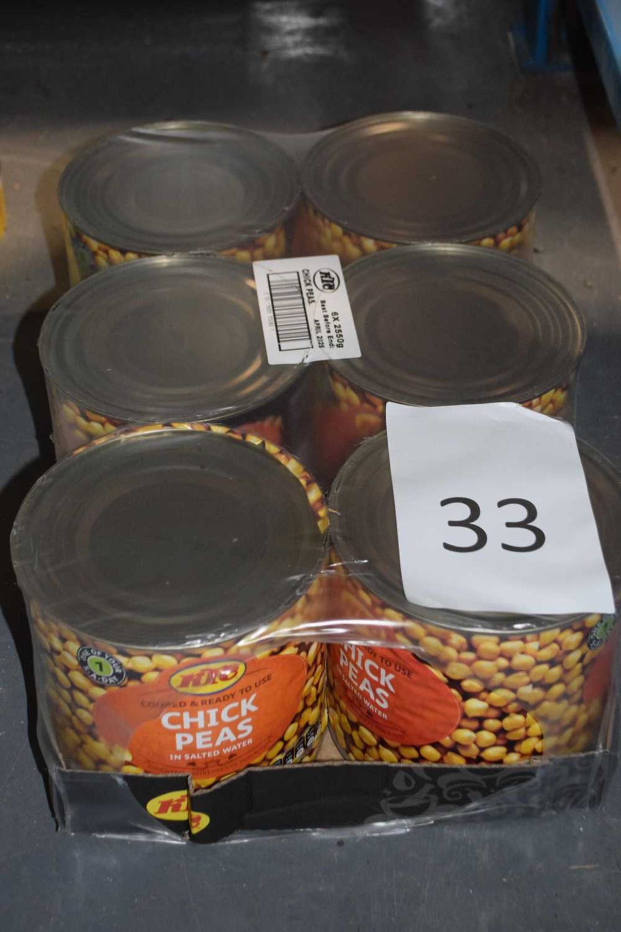 Six 2.5kg tins of chickpeas