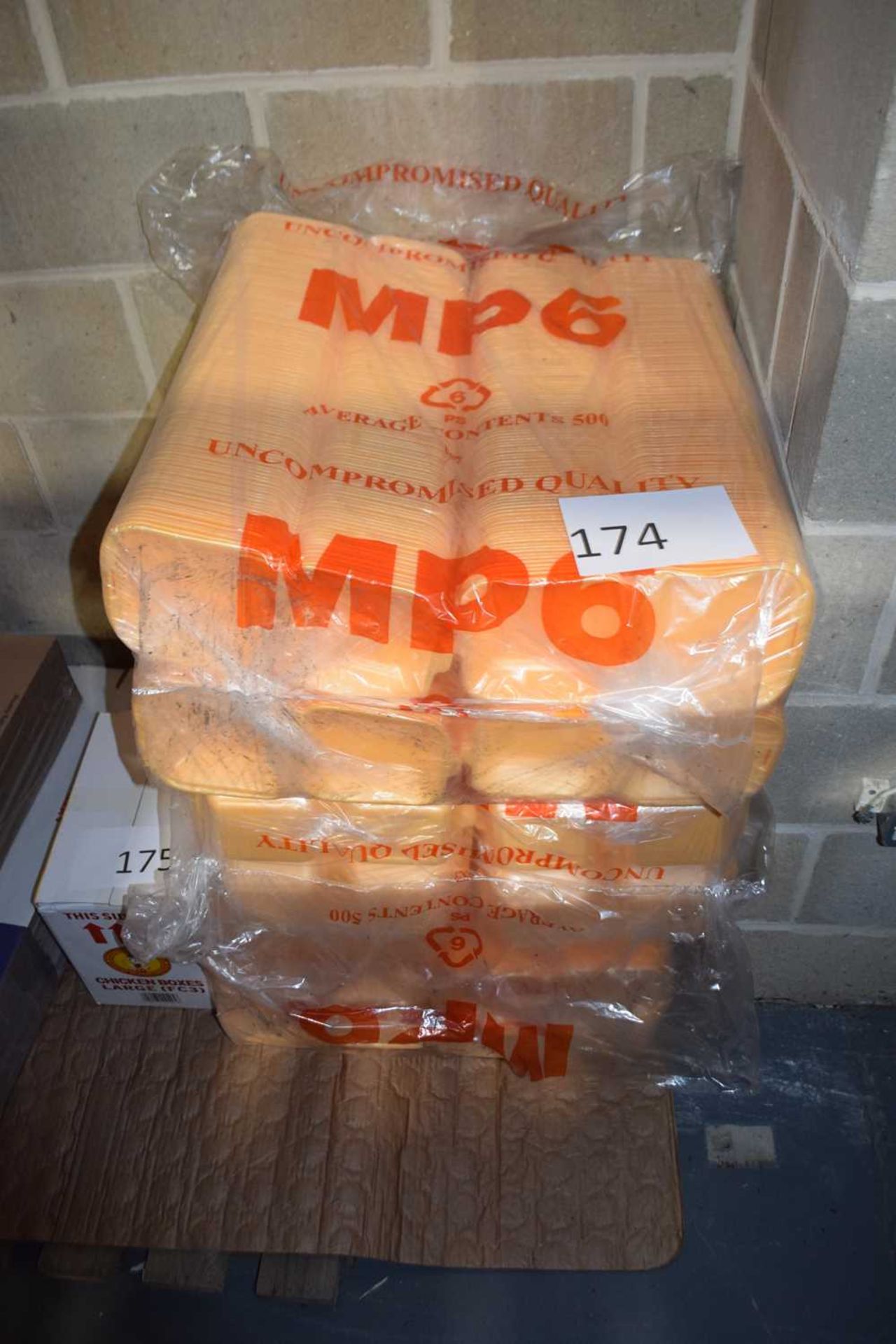 Three bags of MP6 polystyrene food containers, each bag containing approx 500