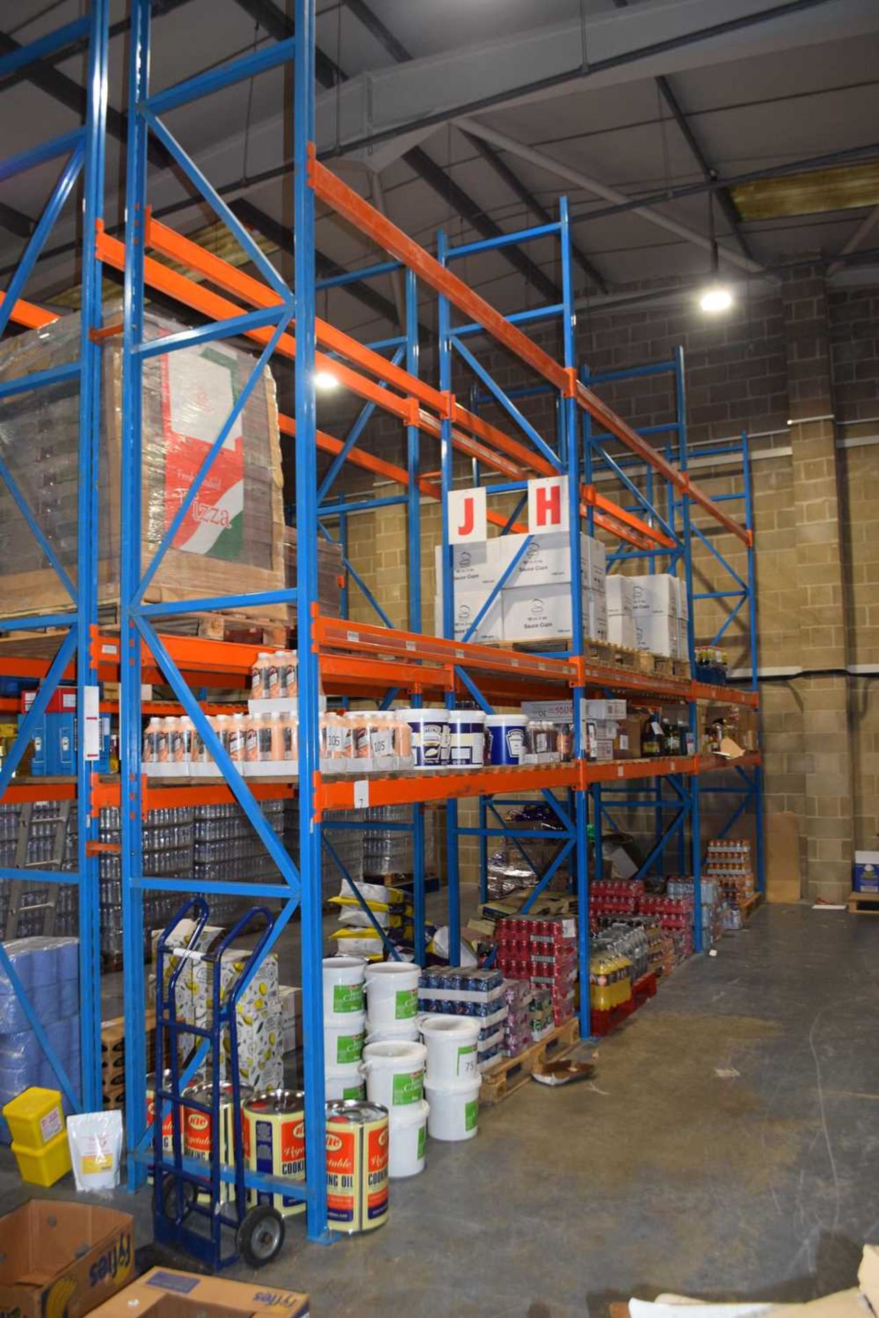 A three bay speedfit pallet rack, overall upright length 5 metres, crossbeam overall length approx