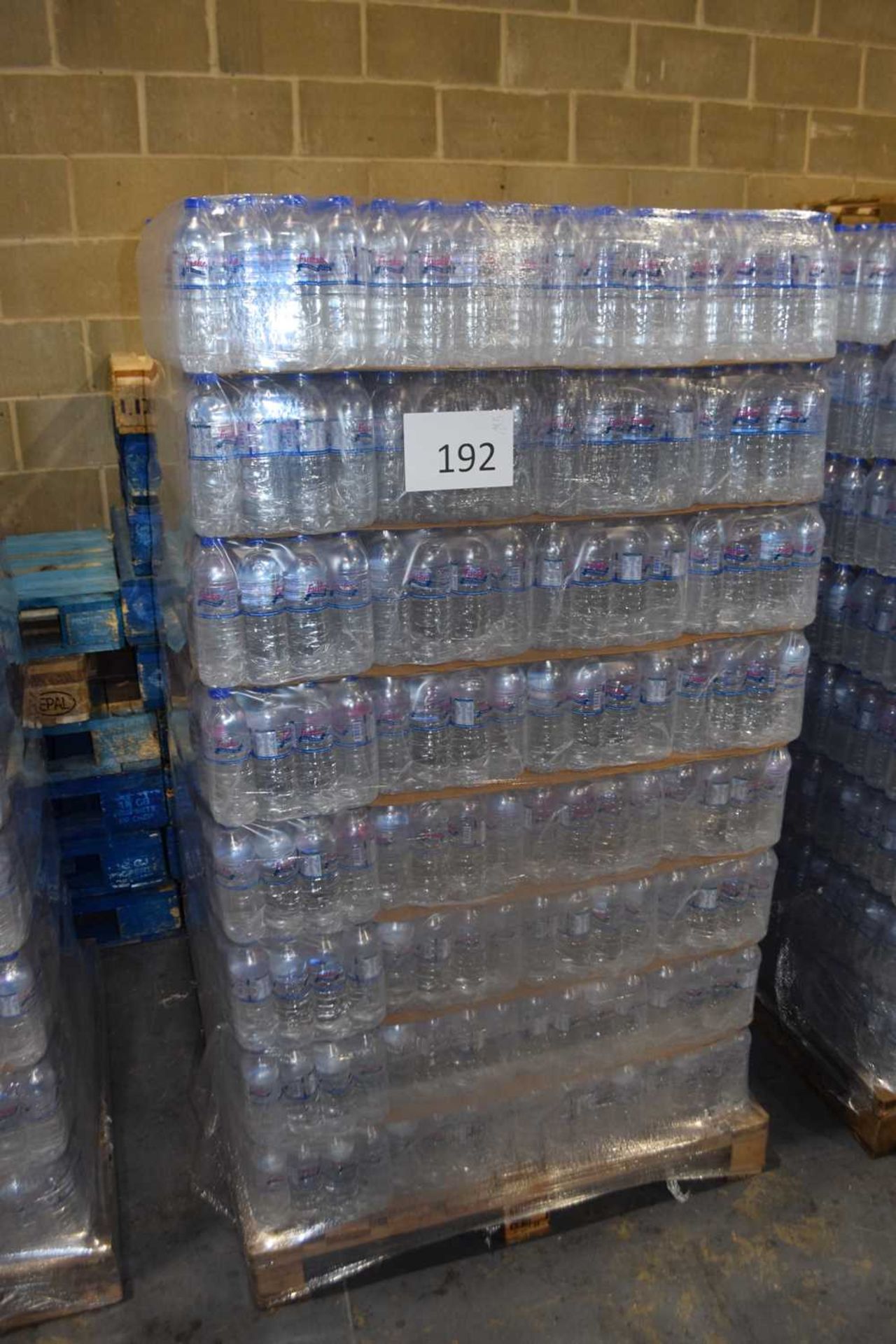 One pallet of bottled water containing approx 2300 500ml bottles with an expiry date of 26.10.23