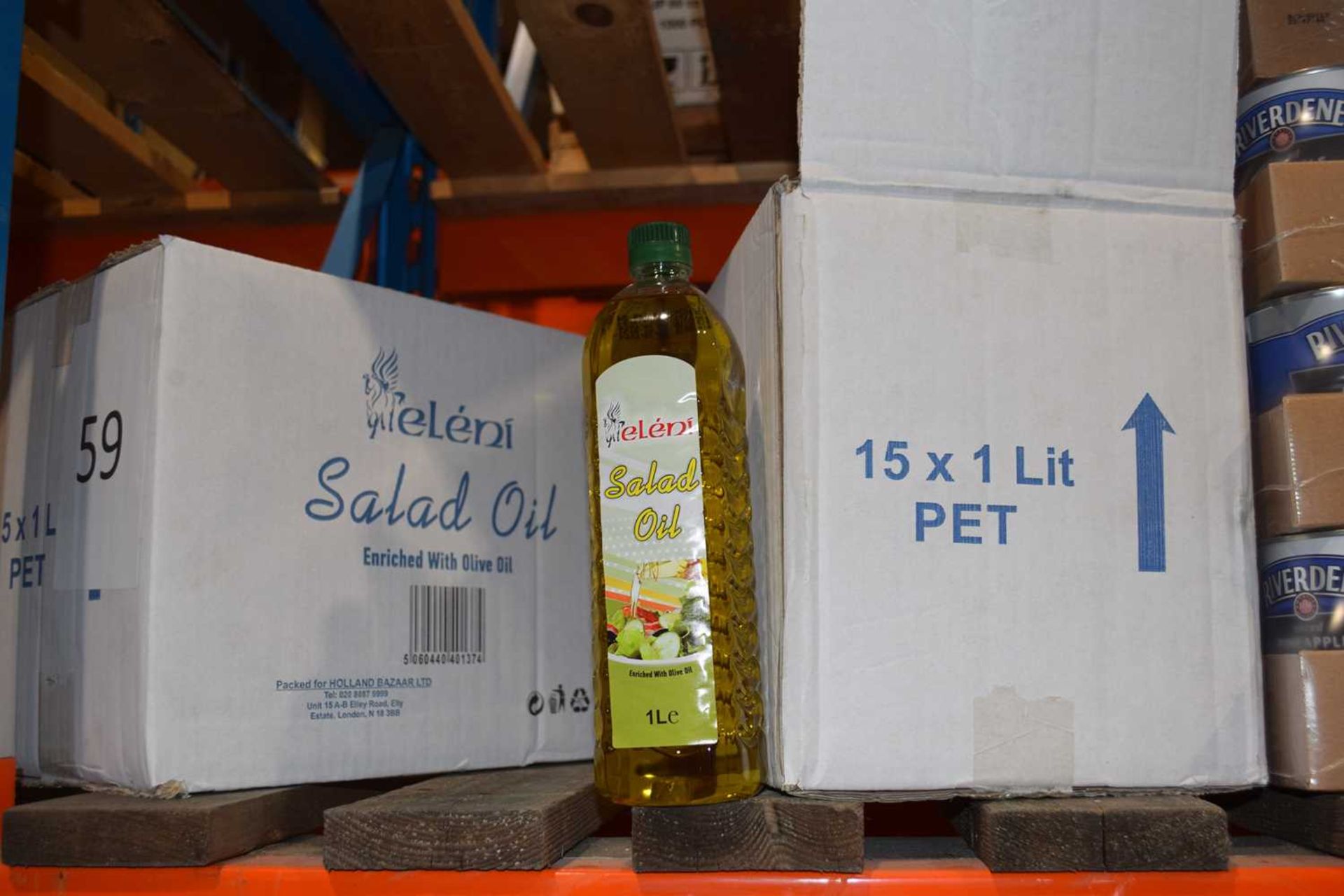 Two boxes containing fifteen 1 Litre bottles of Heleni Salad Oil enriched with Olive Oil