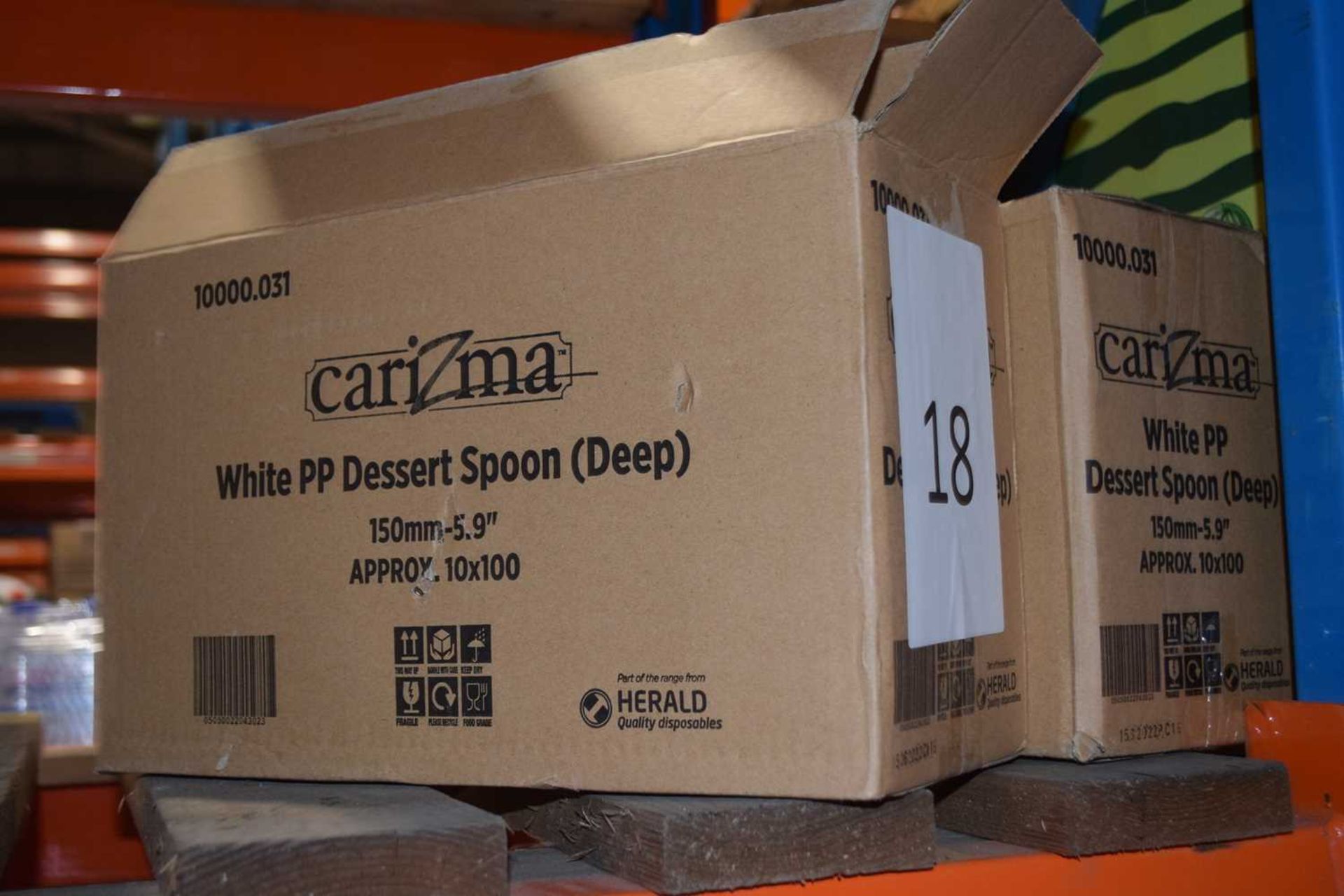 Two boxes of Carizma White PP Dessert Spoons (Deep), 150mm, approx 10,000 per box
