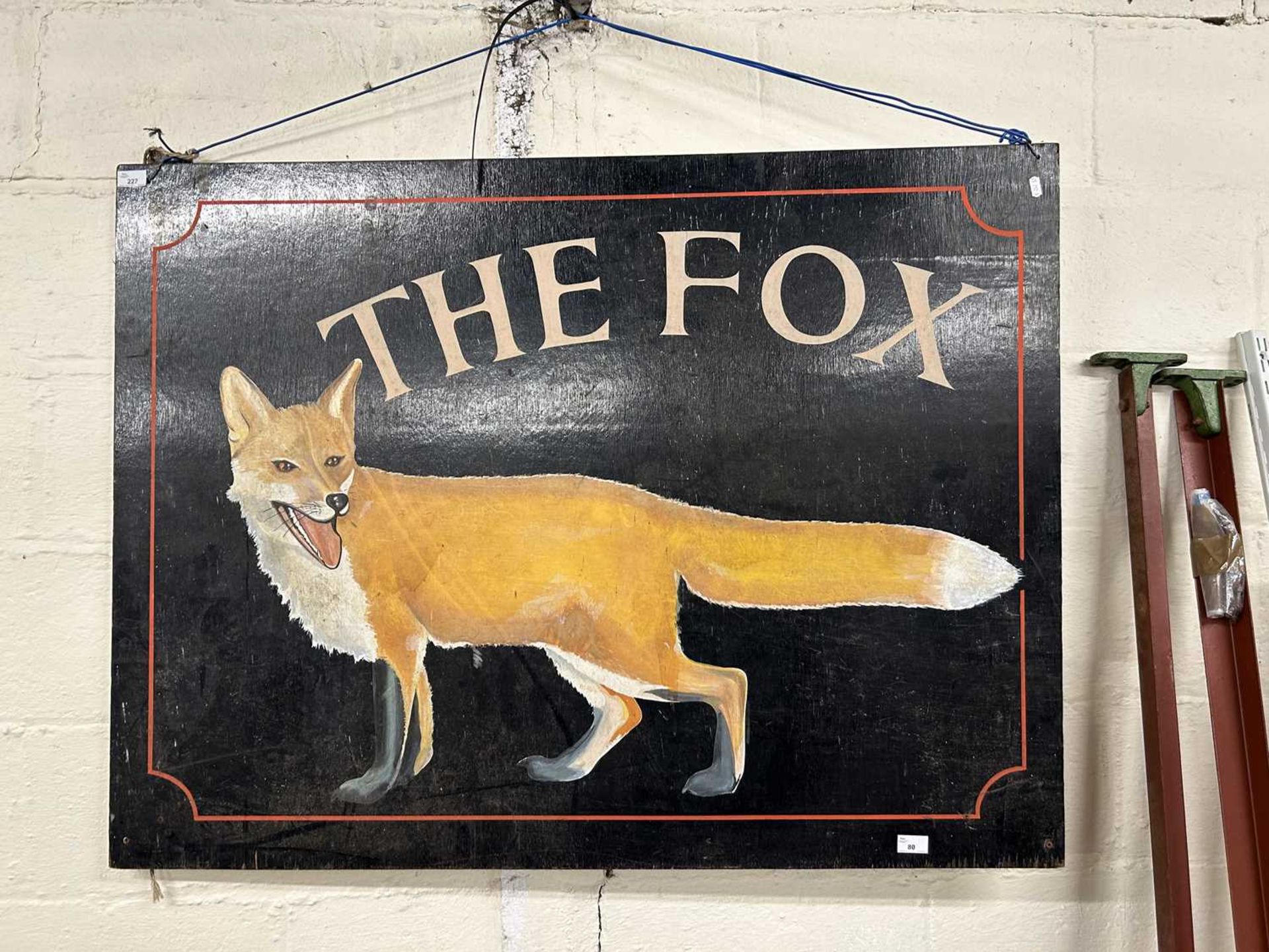 Painted pub advertising sign, The Fox, width approx 120cm, height approx 90cm