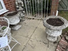 A pair of composite garden urns, height approx 65cm, width approx 60cm