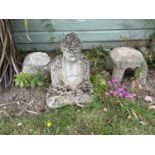 Small selection of various composite garden plinths together with a composite statue of a Buddha