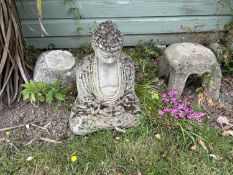 Small selection of various composite garden plinths together with a composite statue of a Buddha