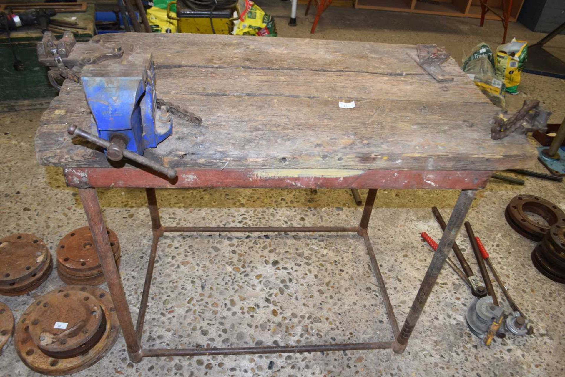 A heavy duty work bench together with a Record No 3 bench vice