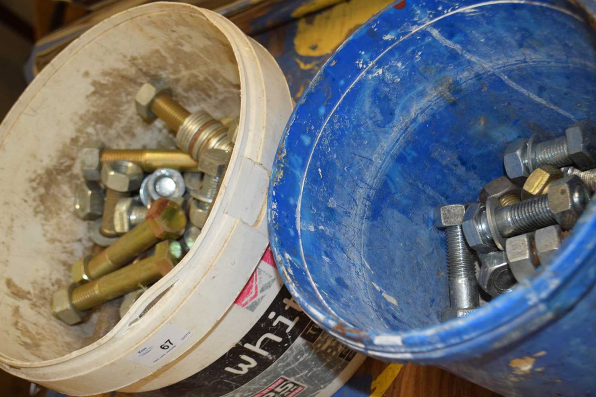 Two buckets of mixed heavy gauge nuts and bolts, washers etc