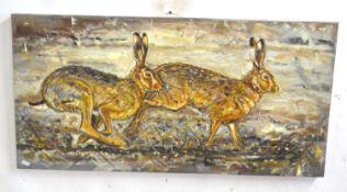 British contemporary, Hares in motion, oil on canvas, indistinctly signed and dated 2016 on canvas