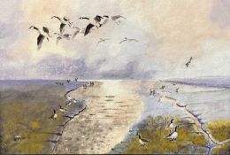 Michael Morley (British, b.1937), Geese over marshland, acrylic on board, monogrammed, 9.5x13.