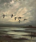 R.J. Scott (British), Geese over marshland, oil on board, signed,17.5x24ins, framed.