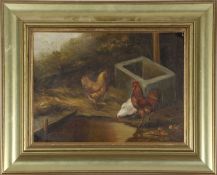British School, 20th Century, A brood of chickens next to a trough and small pool, oil on canvas,