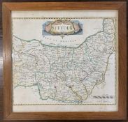 Robert Morden (British,1650-1703) 'Suffolk', handcoloured engraved map, circa 1695, 41x43cm,