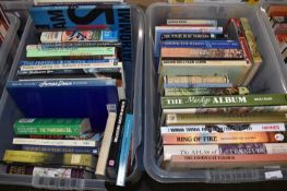 Two boxes of various hardback and softback books including various historical interest, music etc