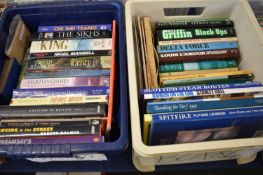 Two boxes of various hardback and softback books including steam railways, military, historical etc