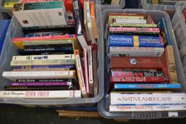Two boxes of various hardback and softback books including various sociology, transport, naval,