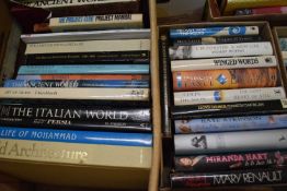 Two boxes of various hardback books including historical/ancient world, geography etc