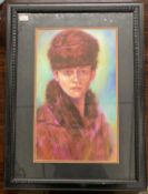 20th century portrait of a lady wearing a Ushanka and fur coat, oil on board,13x21ins, framed and