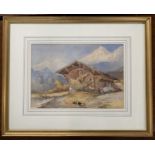 Continental school, 20th century, Swiss Alp landscape with figures and goats by an alpine chalet,