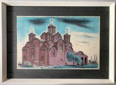 European School, contemporary, Church with nearby horse and cart travellers, lithograph in