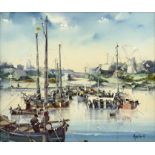 Jorge Aquilar Agon, Dutch fishing harbour, oil on canvas, signed l.r, 37cm x 45cm, framed