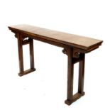 A Chinese bamboo topped hardwood altar table, moulded top, fretwork scroll frieze, mortise and tenon
