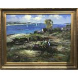 L..Catherine (?) (20th Century), a beach scene with figures, signed l.r., oil on canvas, 90 by