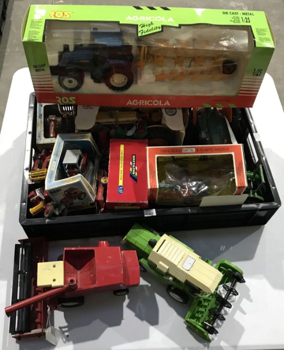 A collection of die-cast and plastic model agricultural tractors and implements, to include a Ros
