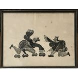 Two framed Far Eastern woodblock prints, figures and beasts, 33 by 44cm, framed (2)