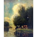 Ferdinand Bernhard Hoppe (German, 1841-1922). cattle watering in a wooded landscape, oil on