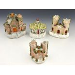 Four 19th century pastille burners/flatback buildings, to include a flatback Gothic manor house with