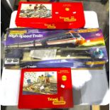 Three Railway sets, Tri-ang RS.24, Tri-ang RS.3, and Hornby High Speed Train, all boxed, together