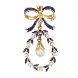 An 18ct gold pearl and enamel wreath pendant brooch