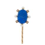 A late 19th century gold lapis lazuli, diamond and pearl stickpin