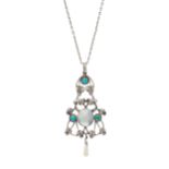 Liberty & Co. (attributed), an Arts & Crafts silver turquoise and pearl foliate pendant, with chain